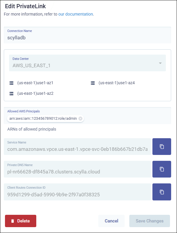 Edit Private Link dialog