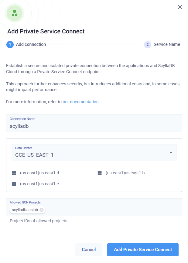 Add Private Service Connect dialog