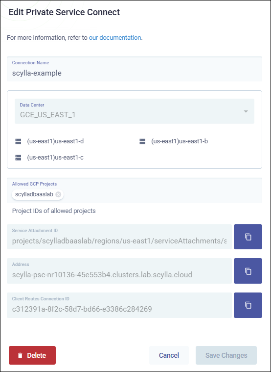 Edit Private Service Connect dialog