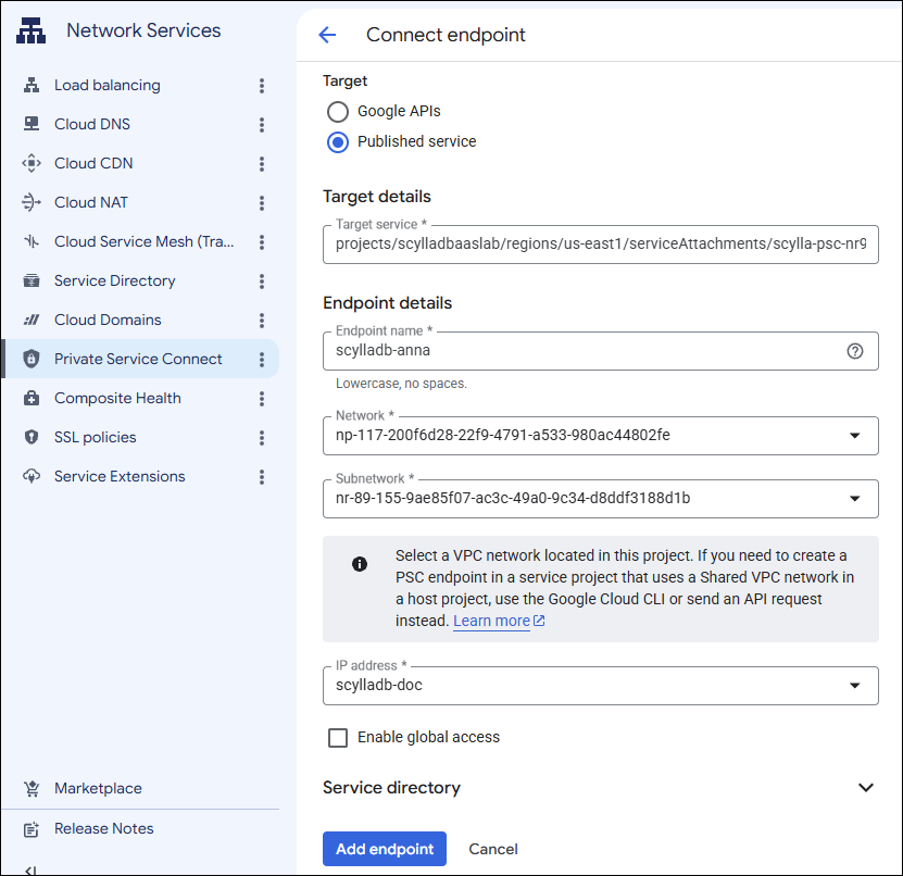 Add Private Service Connect dialog